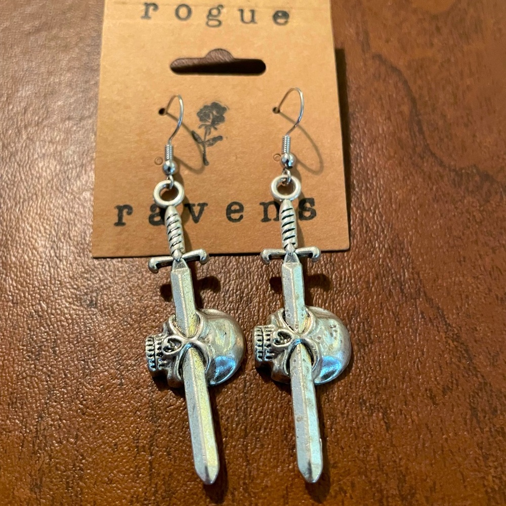 Sterling silver plated fishhook earrings ring with skull and sword